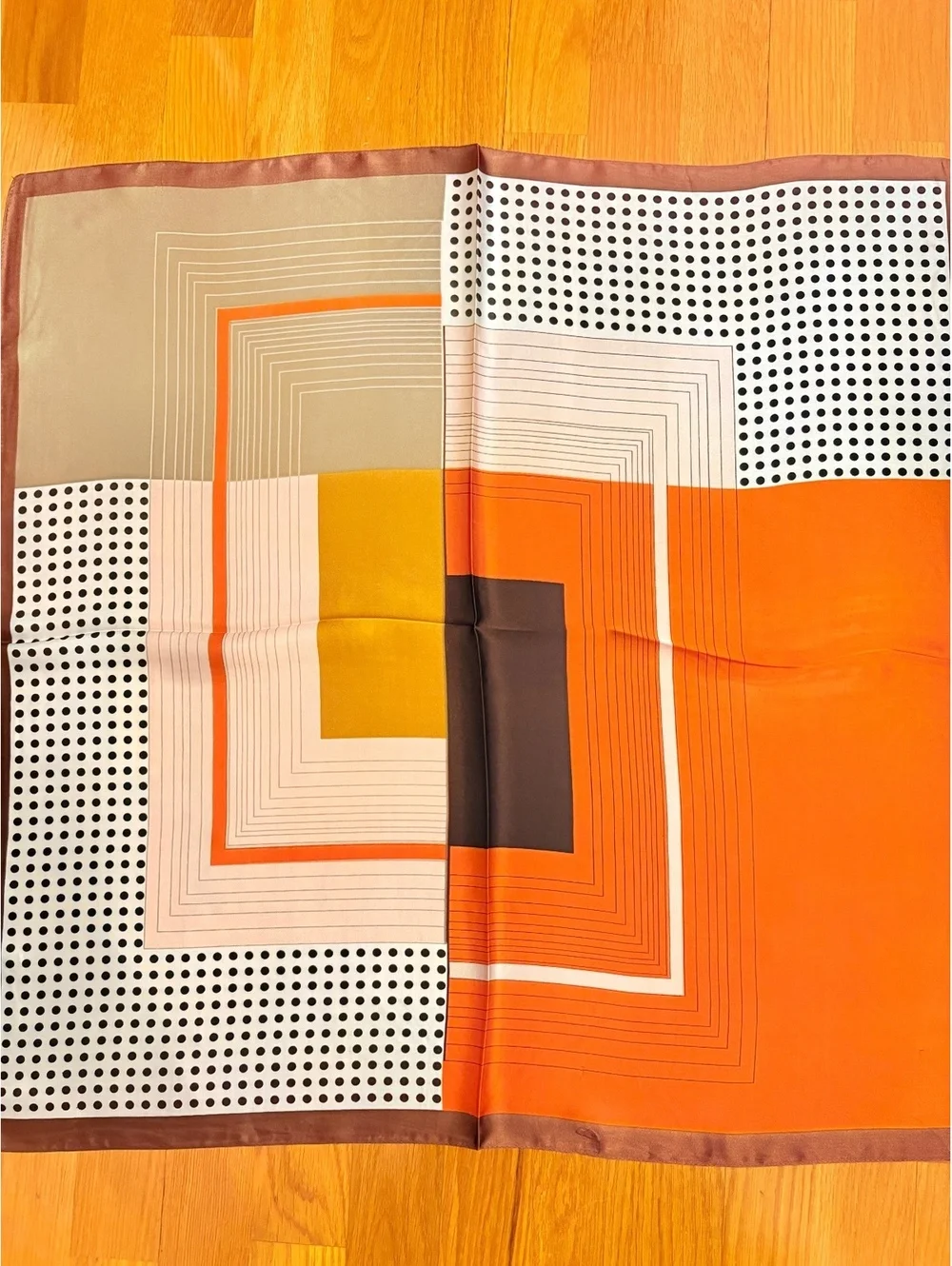 Vintage Geometric Pattern Scarf in Orange, Brown, and Black Polka Dots